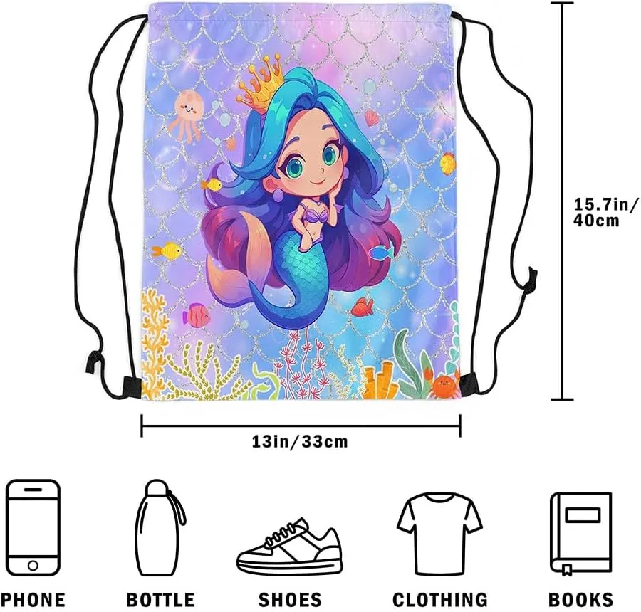 Erosebridal Cartoon Mermaid Cinch Bag 13X15.7 Purple Blue Fish Scales Print Drawstring Backpack Kawaii Rainbow Colorful String Backpack Funny Starfish Shell Drawstring Bags,Foldable