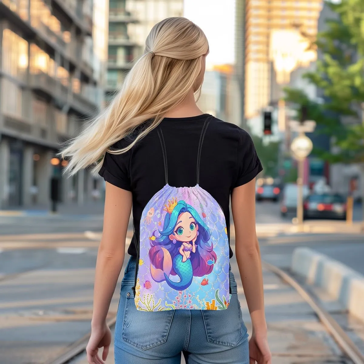 Erosebridal Cartoon Mermaid Cinch Bag 13X15.7 Purple Blue Fish Scales Print Drawstring Backpack Kawaii Rainbow Colorful String Backpack Funny Starfish Shell Drawstring Bags,Foldable