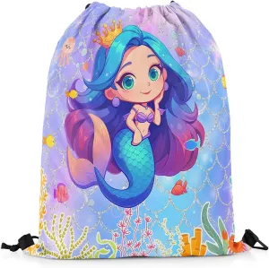 Erosebridal Cartoon Mermaid Cinch Bag 13X15.7 Purple Blue Fish Scales Print Drawstring Backpack Kawaii Rainbow Colorful String Backpack Funny Starfish Shell Drawstring Bags,Foldable