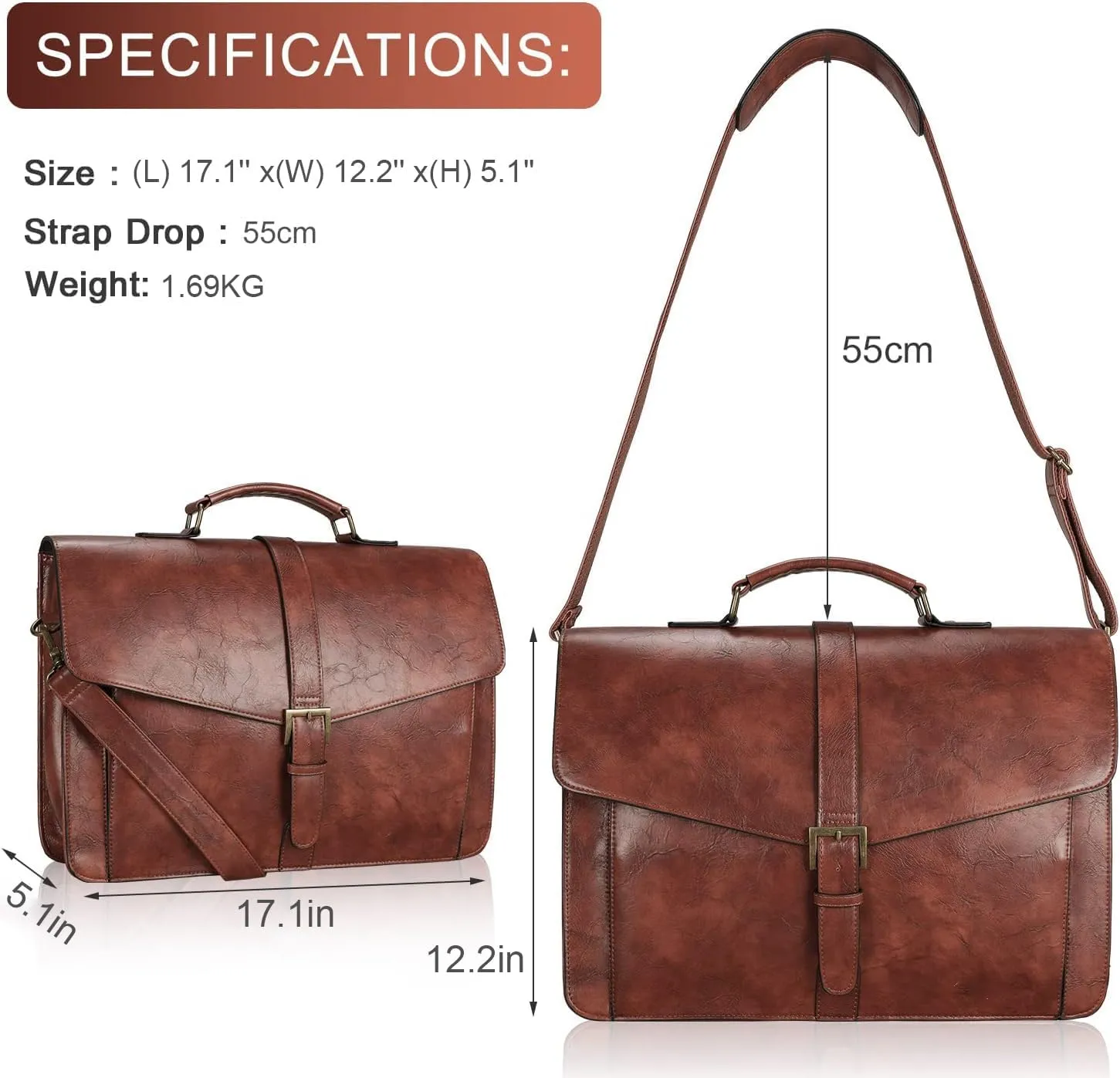 ESTARER Men's Leather Briefcase 17.3 Inch Laptop Messenger Bag for Office/Business/Travel, Professional Leather Computer Shoulder Bag, Brown
