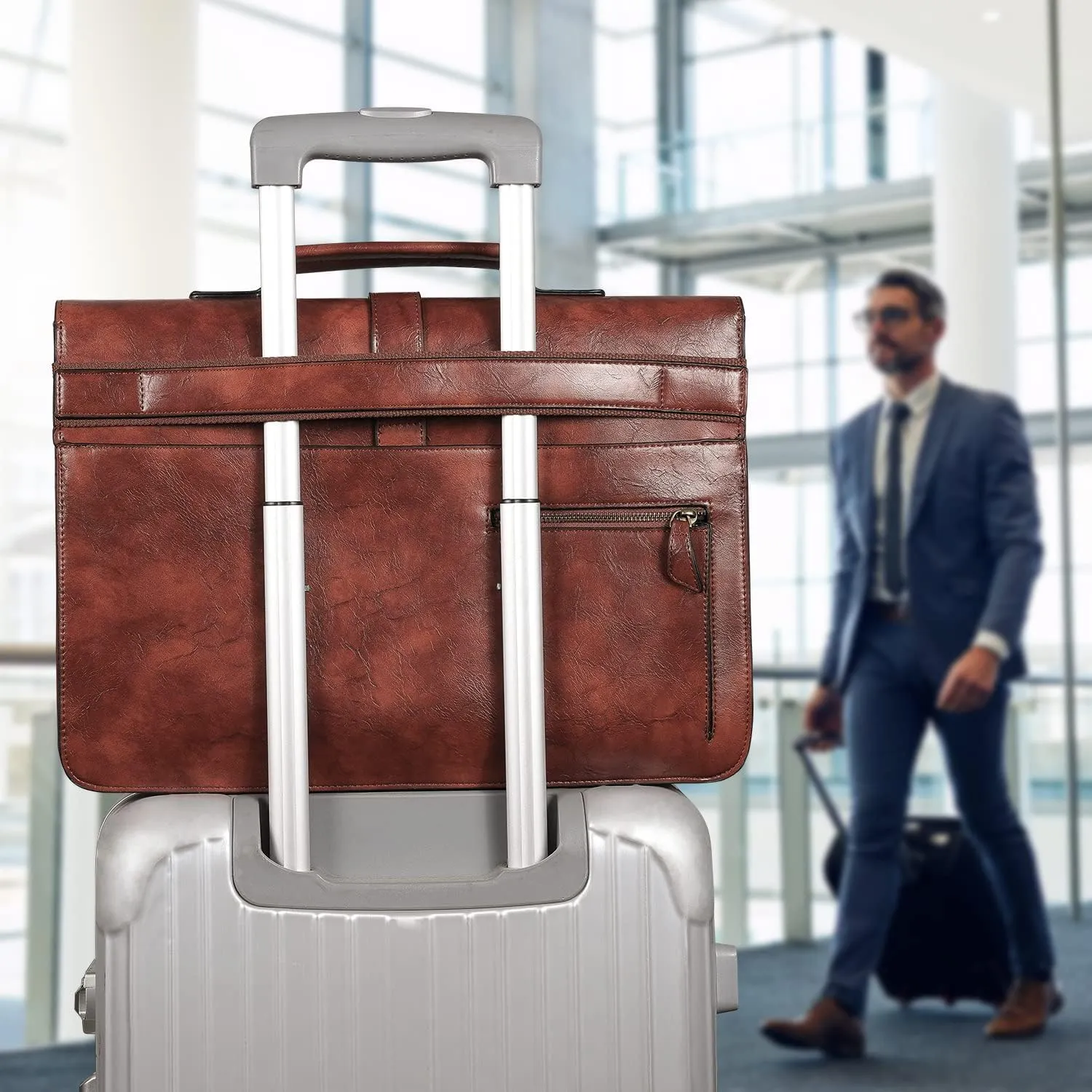 ESTARER Men's Leather Briefcase 17.3 Inch Laptop Messenger Bag for Office/Business/Travel, Professional Leather Computer Shoulder Bag, Brown
