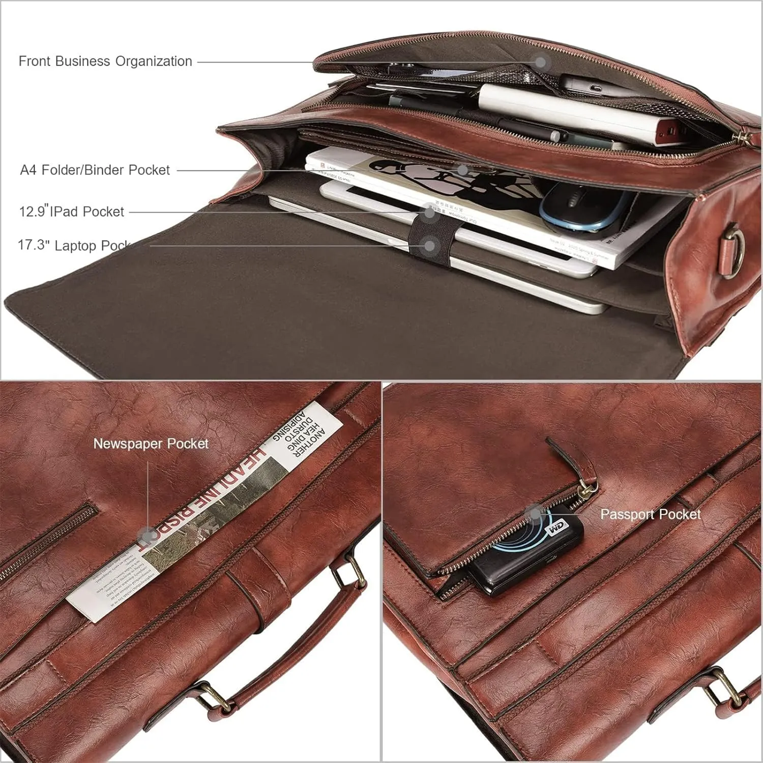 ESTARER Men's Leather Briefcase 17.3 Inch Laptop Messenger Bag for Office/Business/Travel, Professional Leather Computer Shoulder Bag, Brown