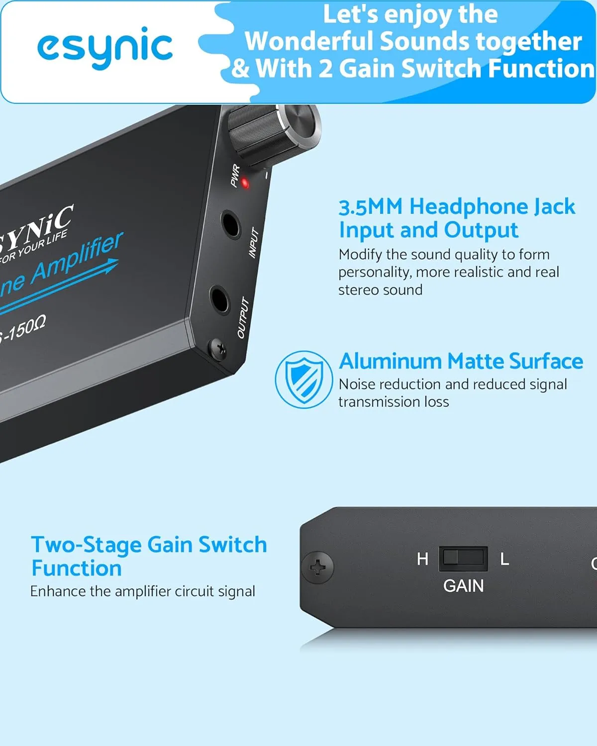 eSynic Professional 16-150 Ohms Headphone Amplifier 3.5mm Portable Headphone Volume Amplifier Rechargeble Headphone Amp Aluminium Alloy Mini 3.5mm Audio Jack Amp with Gain Switch for Phones Laptop etc