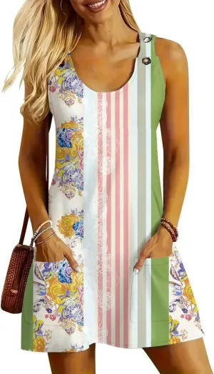 ETCYY NEW Womens Sleeveless Summer Dresses 2025 Cusual U Neck Sundresses Striped Printed Short Dress with Pocket