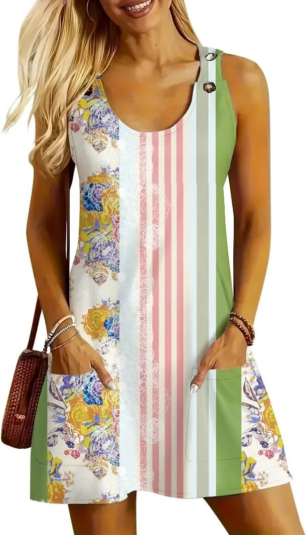 ETCYY NEW Womens Sleeveless Summer Dresses 2025 Cusual U Neck Sundresses Striped Printed Short Dress with Pocket