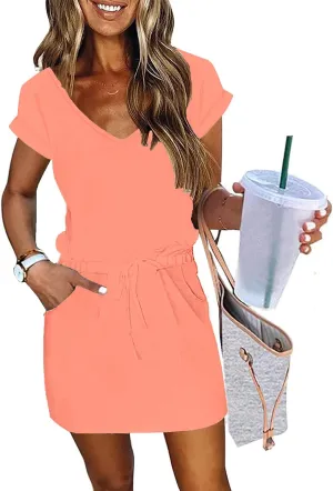 ETCYY NEW Womens Summer Dress Lantern Sleeve Square Neck Tie Front A-Line Double Layer Hem Mini Dresses