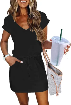 ETCYY NEW Womens Summer Dress Lantern Sleeve Square Neck Tie Front A-Line Double Layer Hem Mini Dresses