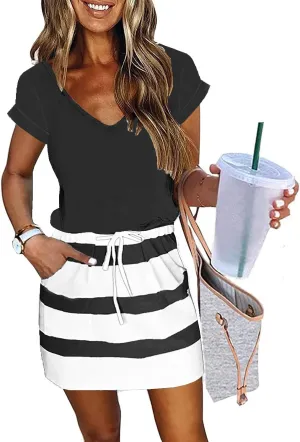 ETCYY NEW Womens Summer Dress Lantern Sleeve Square Neck Tie Front A-Line Double Layer Hem Mini Dresses