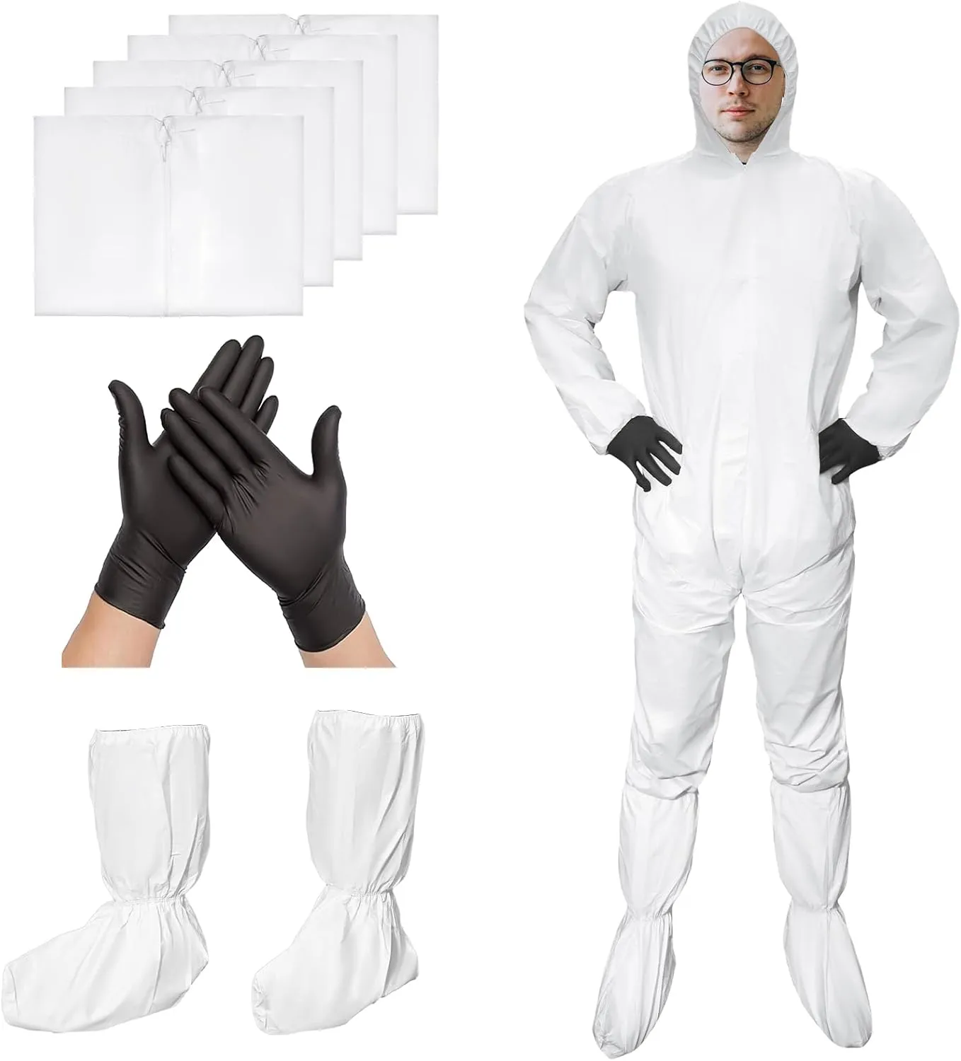ETERNA Hazmat Suits- 5 Pack Disposable Protective Coveralls with Shoe Covers for Men & Women, PE & PPSB Hazmat Suits Shield from Dirt, Dust, Paint (Medium)