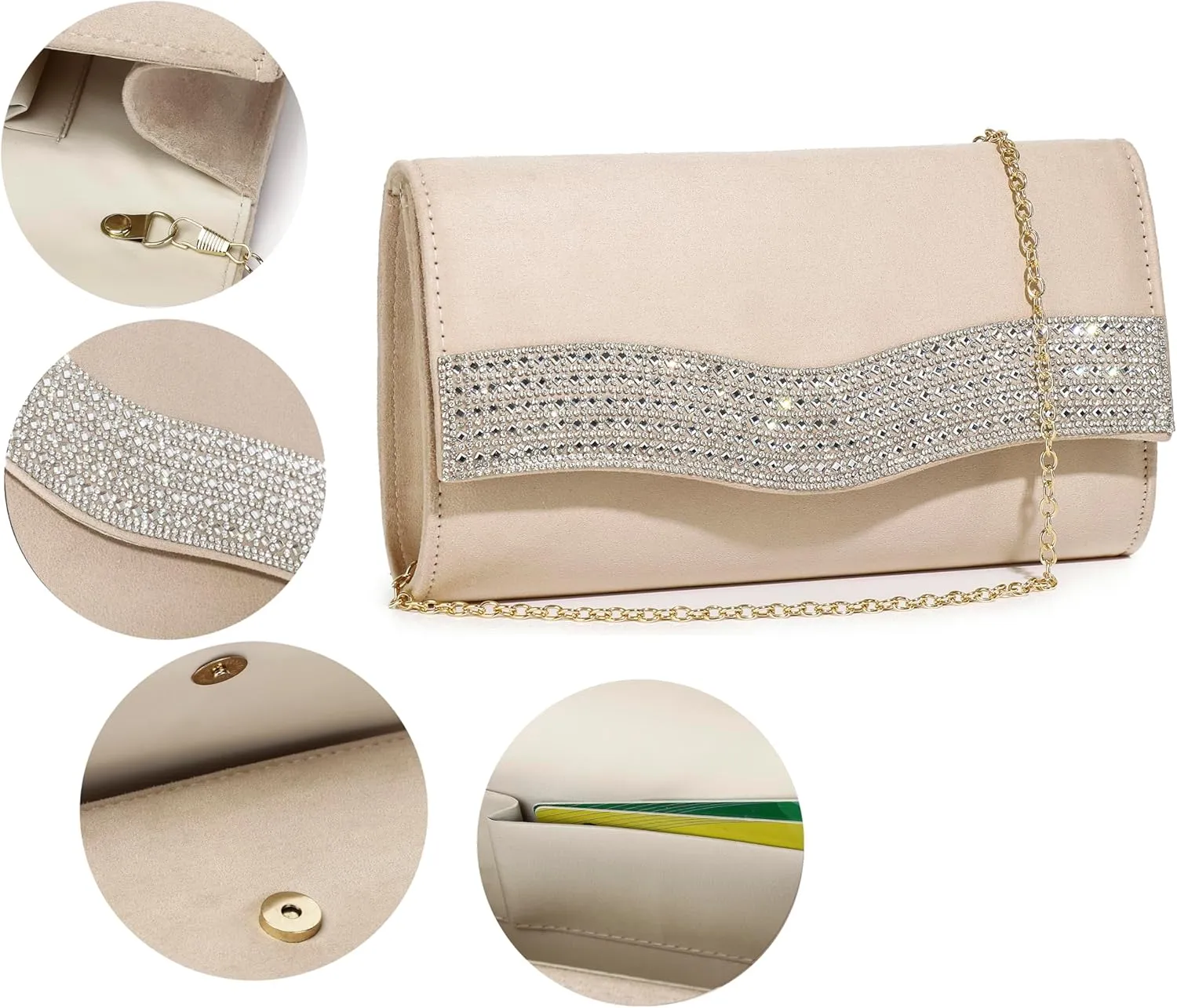 Evening Handbags for Women Rhinestone Clutch Purse for Wedding Party Prom Faux Suede Envelope Shoulder Bag