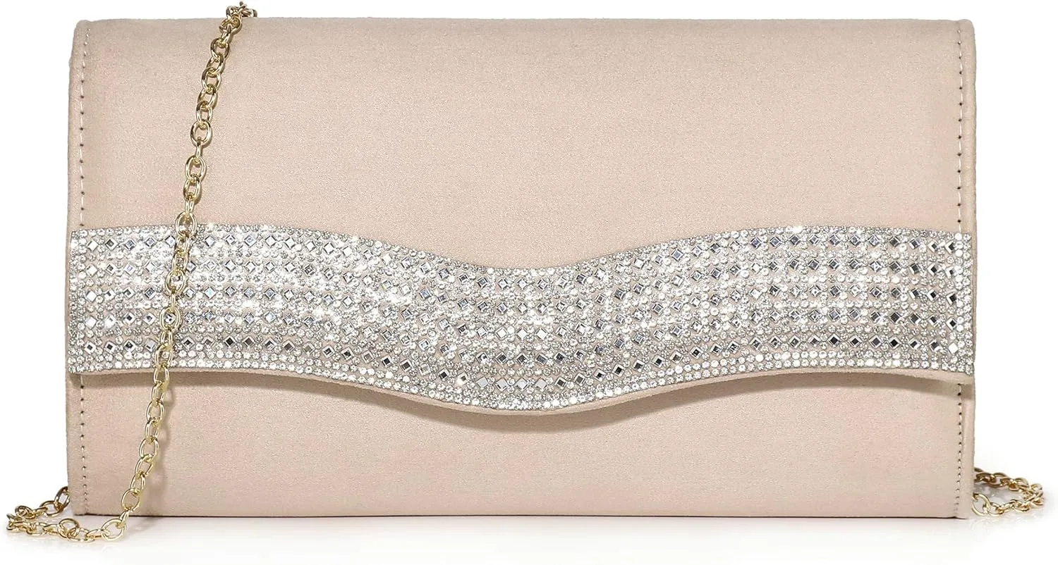 Evening Handbags for Women Rhinestone Clutch Purse for Wedding Party Prom Faux Suede Envelope Shoulder Bag
