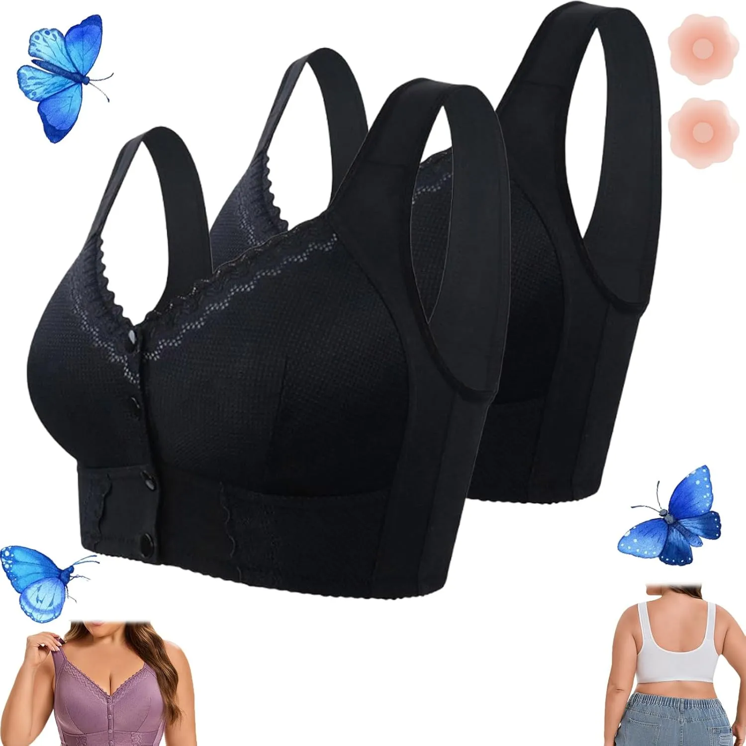 Evybliss Bra, Front Closure Breathable Bra for Seniors, Solid Lace Wireless Push Up Bra for Women
