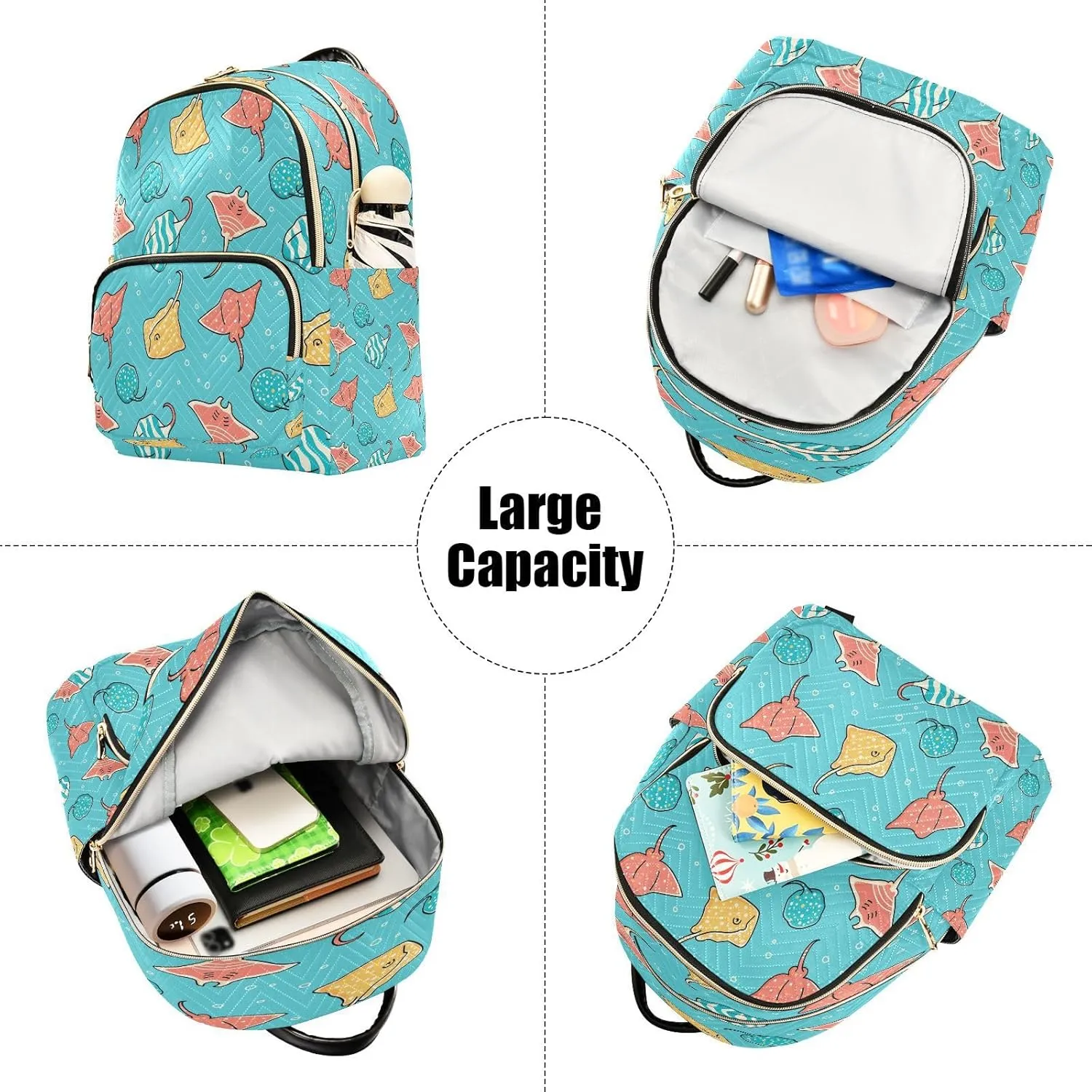 Exnundod Backpack Purse for Women Seamless with Colorful Stingrays Mini Backpack Casual Backpack Cartoon Travel Daypack,Small