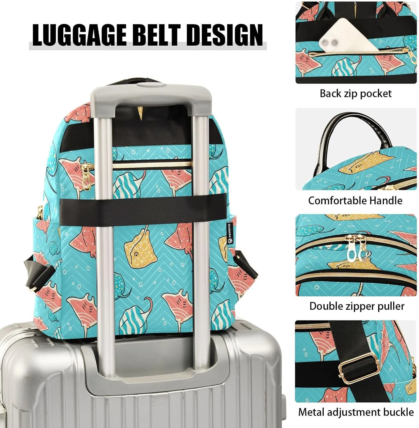 Exnundod Backpack Purse for Women Seamless with Colorful Stingrays Mini Backpack Casual Backpack Cartoon Travel Daypack,Small