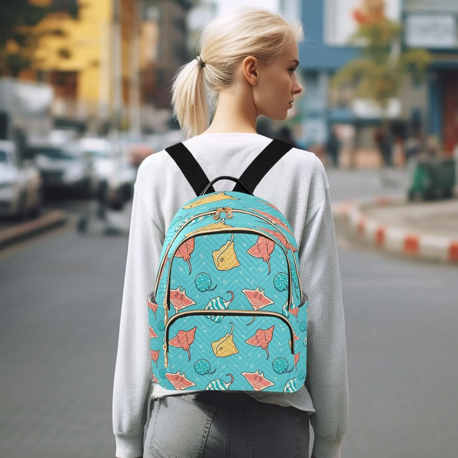 Exnundod Backpack Purse for Women Seamless with Colorful Stingrays Mini Backpack Casual Backpack Cartoon Travel Daypack,Small