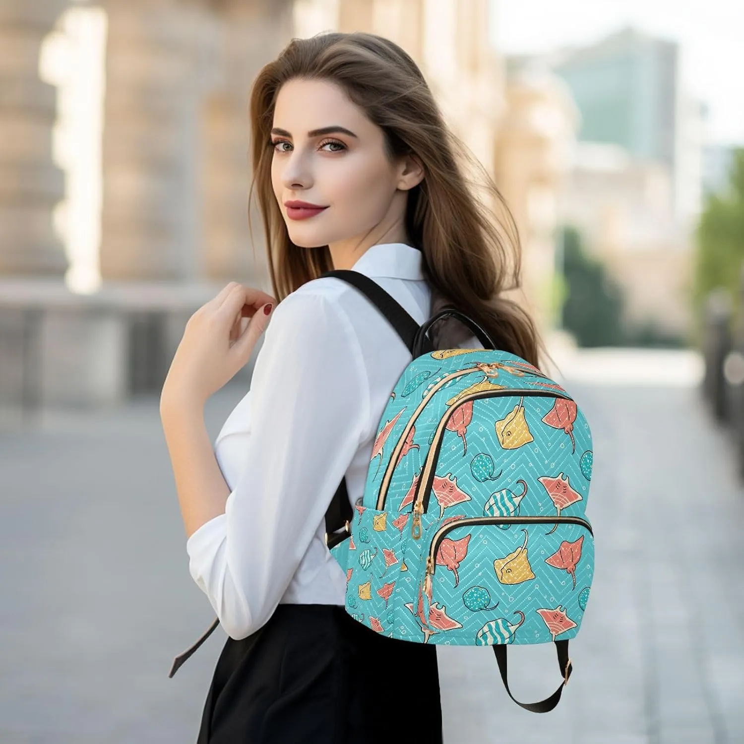 Exnundod Backpack Purse for Women Seamless with Colorful Stingrays Mini Backpack Casual Backpack Cartoon Travel Daypack,Small