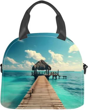 Exotic tropical resort Jetty near Cancun Mexico Travel Tourism and Insulated Adult Lunch Bag with Shoulder Strap for Women Lightweight Reusable Portable Freezable Lunch Tote Bag for Work Picnic