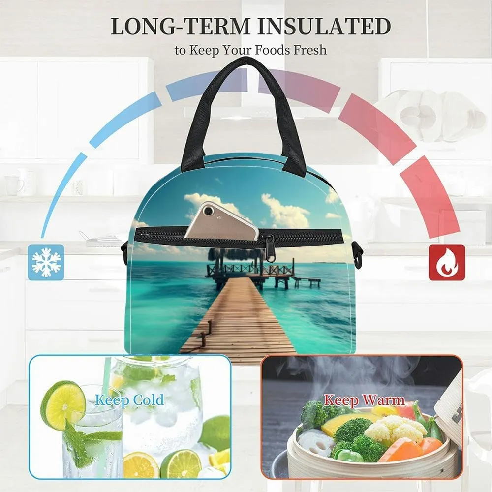 Exotic tropical resort Jetty near Cancun Mexico Travel Tourism and Insulated Adult Lunch Bag with Shoulder Strap for Women Lightweight Reusable Portable Freezable Lunch Tote Bag for Work Picnic