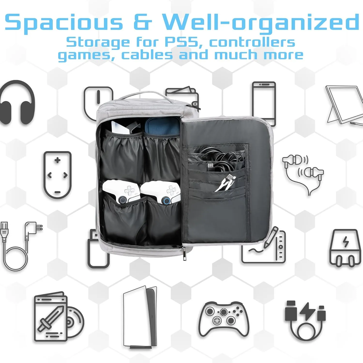 Ezgnuk Game Backpack for PS5 Console, Protective Travel Carrying Case, Large Capacity Storage Bag with Zippered Pocket for PlayStation 5, Laptop, Headphones, Game Discs and Accessories (Light Gray)