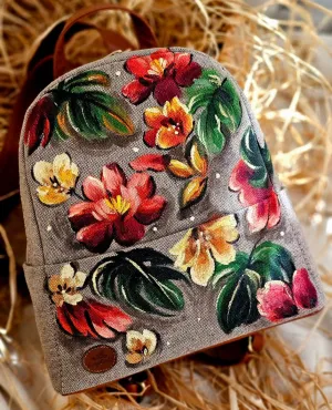 Fabric Medium Backpack Beige X Colorful Flowers
