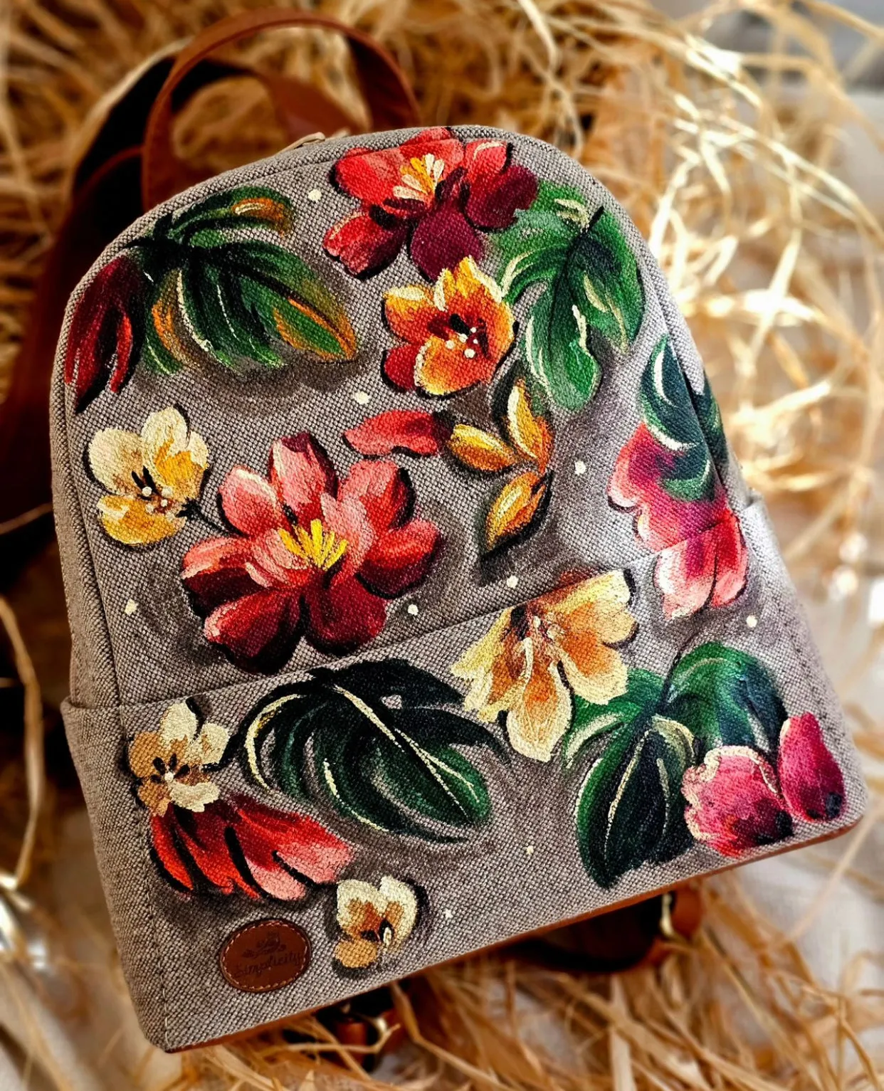 Fabric Medium Backpack Beige X Colorful Flowers