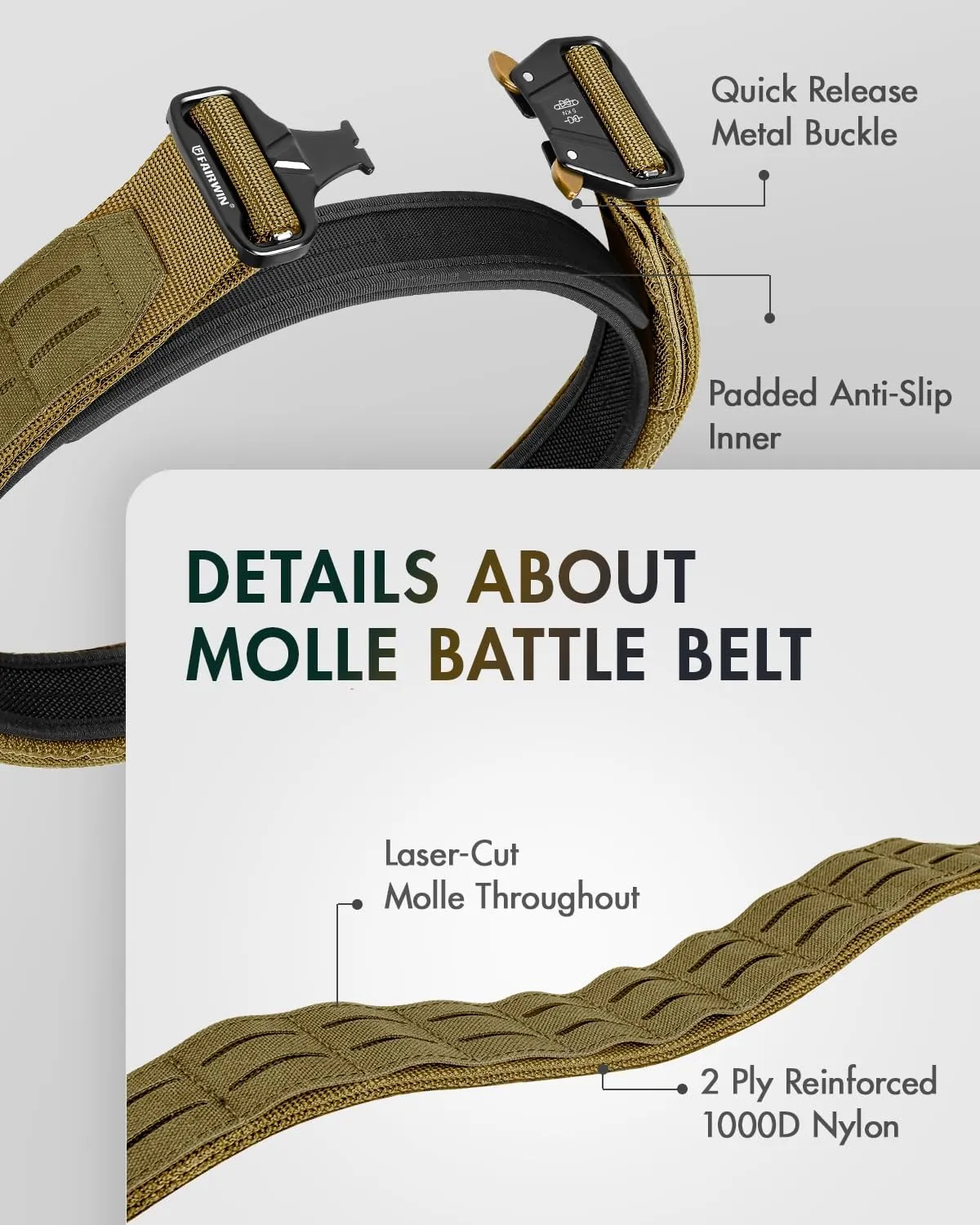 FAIRWIN Tactical Balttle Molle Rigger Belt with Quick Release Buckle - 2 Inch Heavy Duty Carry Combat Belts for Men