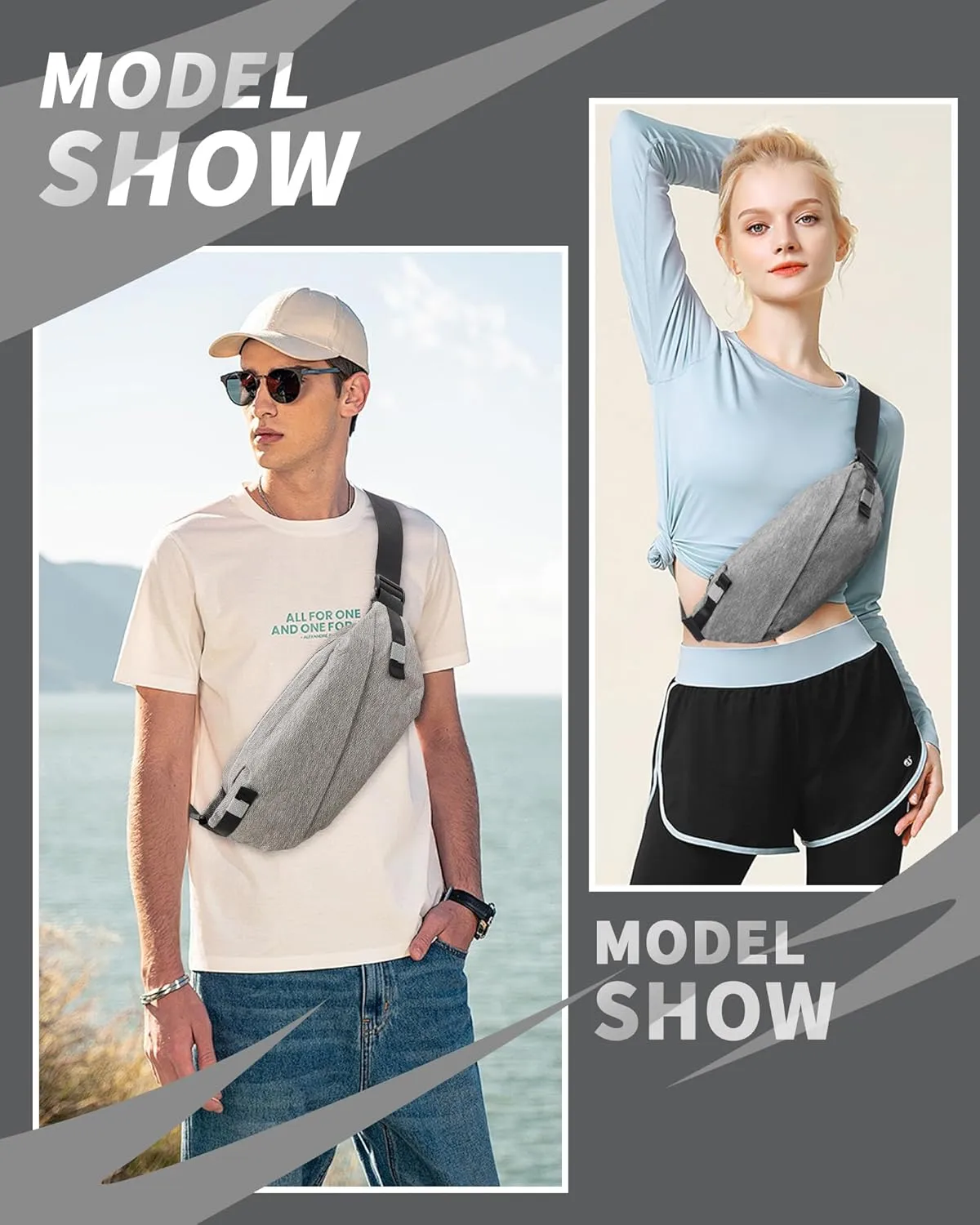 Fanny Pack for Mens Crossbody Bag, Sling Bag for Women Waist Packs Anti Theft Cross Body Belt Bag with Adjustable Strap for Running Sports Hiking Cycling Travel Walking - Grey