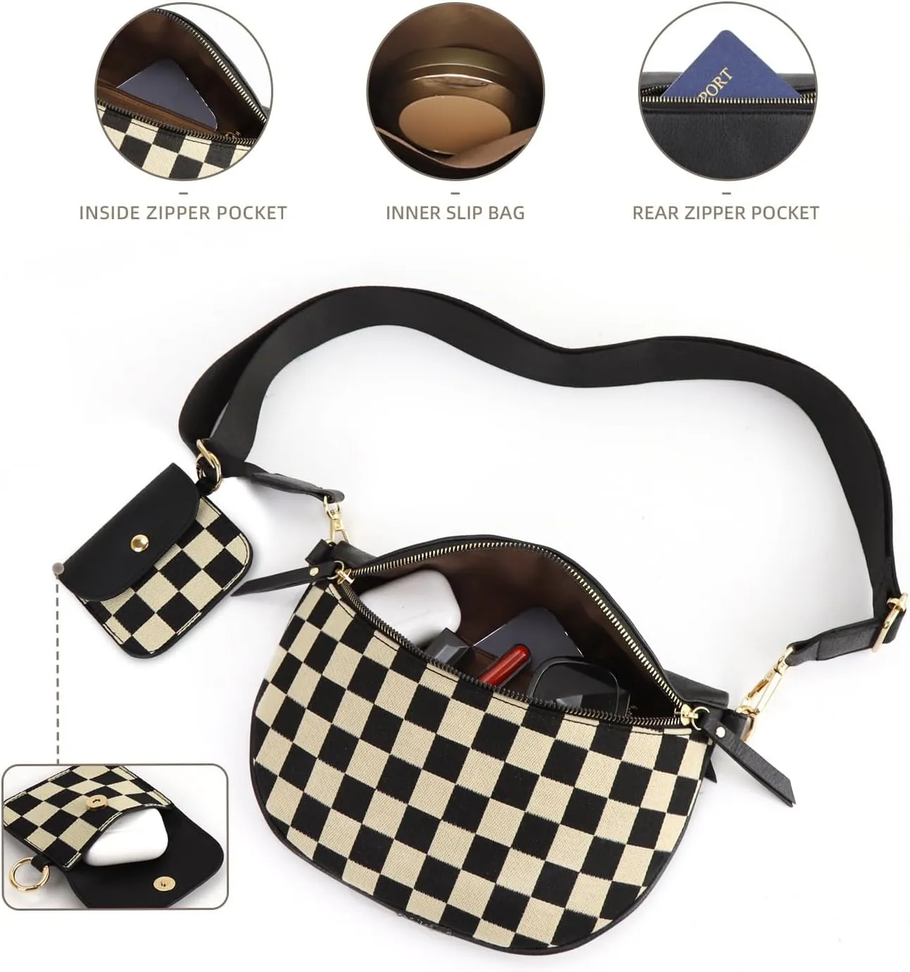 Fanny Packs for Women,Checkered Crossbody Bag Checkered Purse Black and White Bum Bags Checkerboard Belt Bag