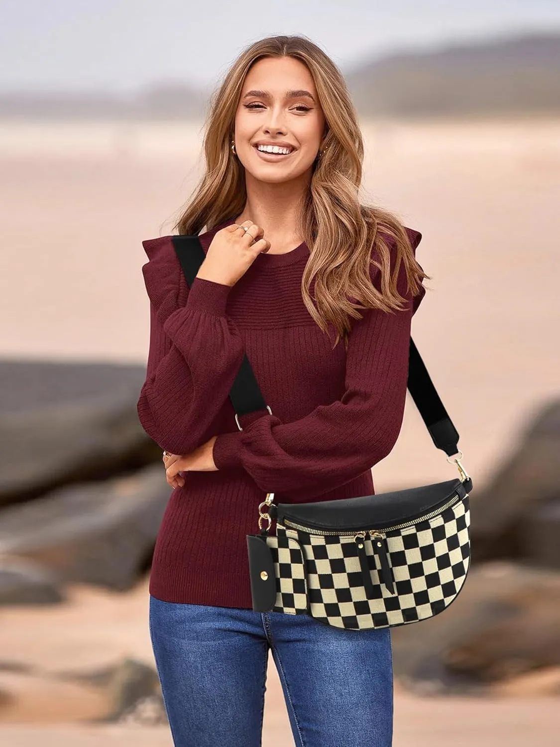 Fanny Packs for Women,Checkered Crossbody Bag Checkered Purse Black and White Bum Bags Checkerboard Belt Bag