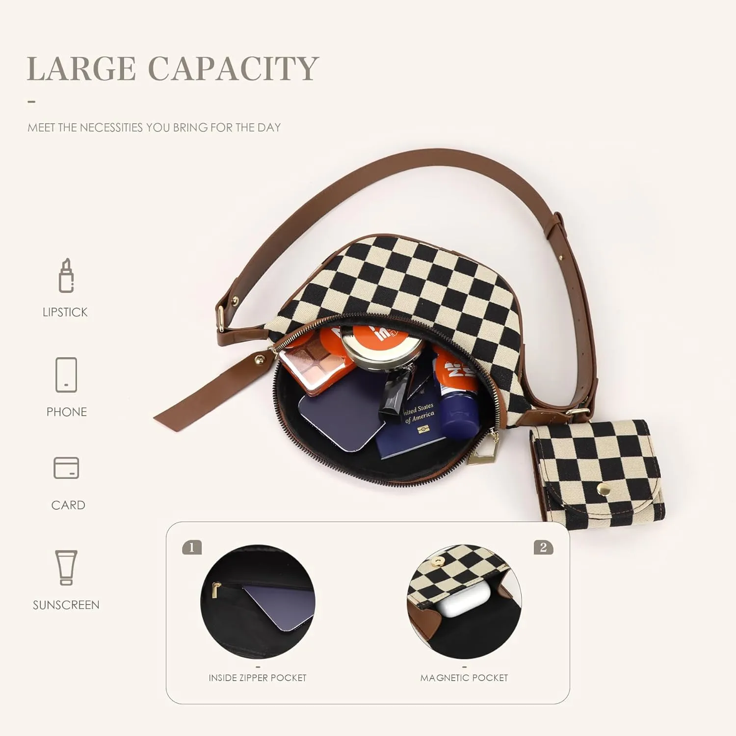 Fanny Packs for Women,Checkered Crossbody Bag Checkered Purse Black and White Bum Bags Checkerboard Belt Bag