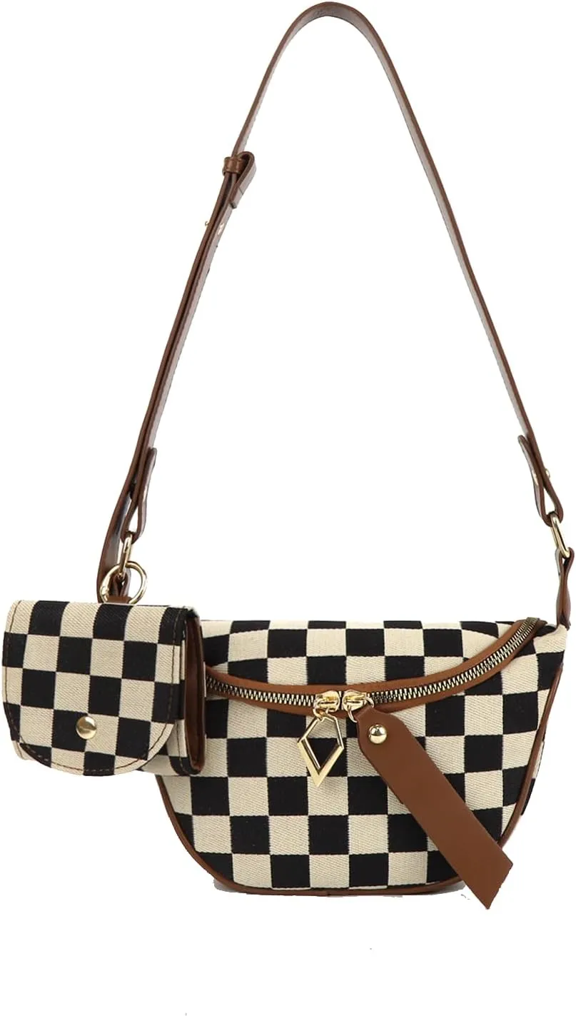 Fanny Packs for Women,Checkered Crossbody Bag Checkered Purse Black and White Bum Bags Checkerboard Belt Bag