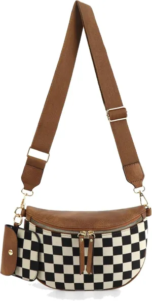 Fanny Packs for Women,Checkered Crossbody Bag Checkered Purse Black and White Bum Bags Checkerboard Belt Bag