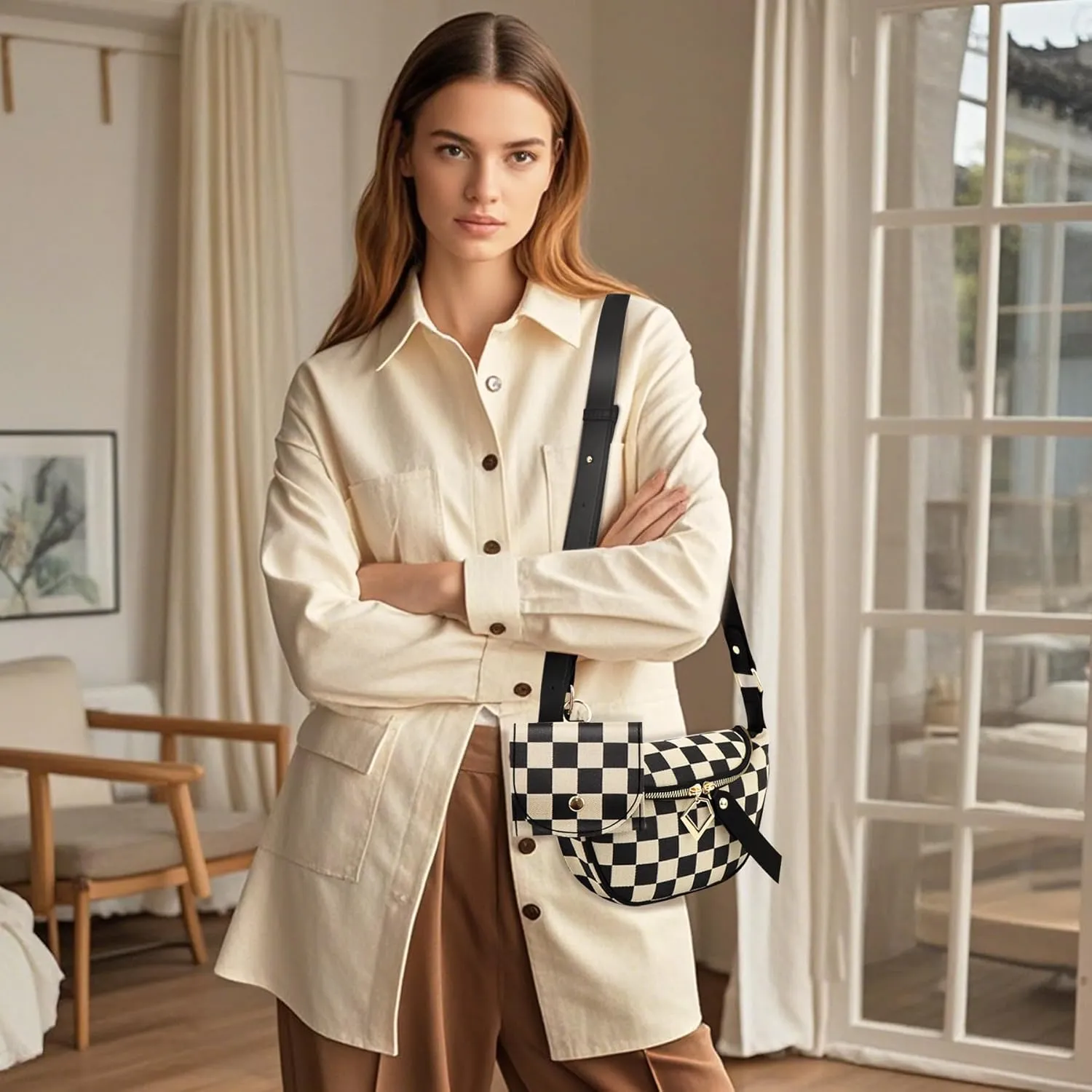 Fanny Packs for Women,Checkered Crossbody Bag Checkered Purse Black and White Bum Bags Checkerboard Belt Bag