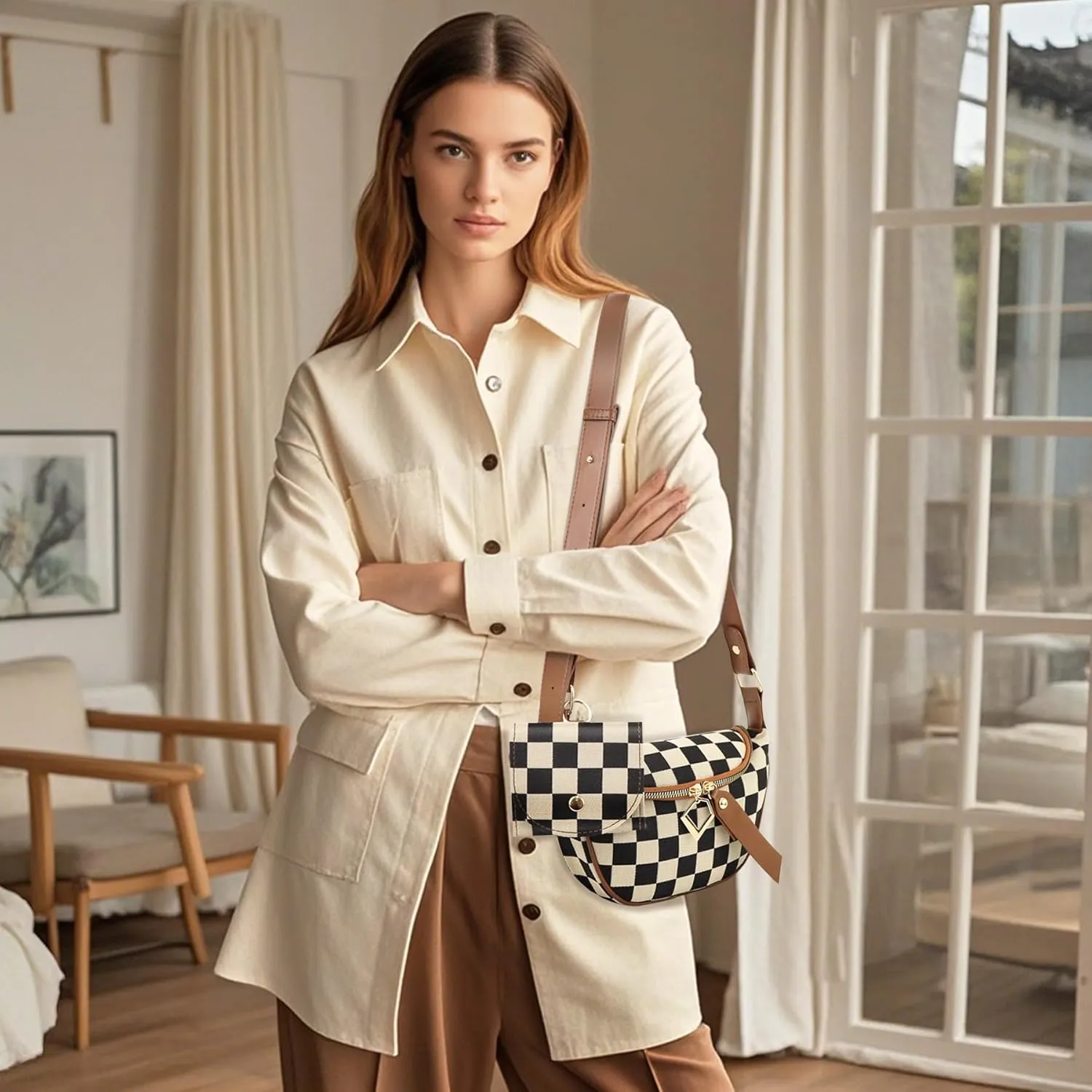 Fanny Packs for Women,Checkered Crossbody Bag Checkered Purse Black and White Bum Bags Checkerboard Belt Bag