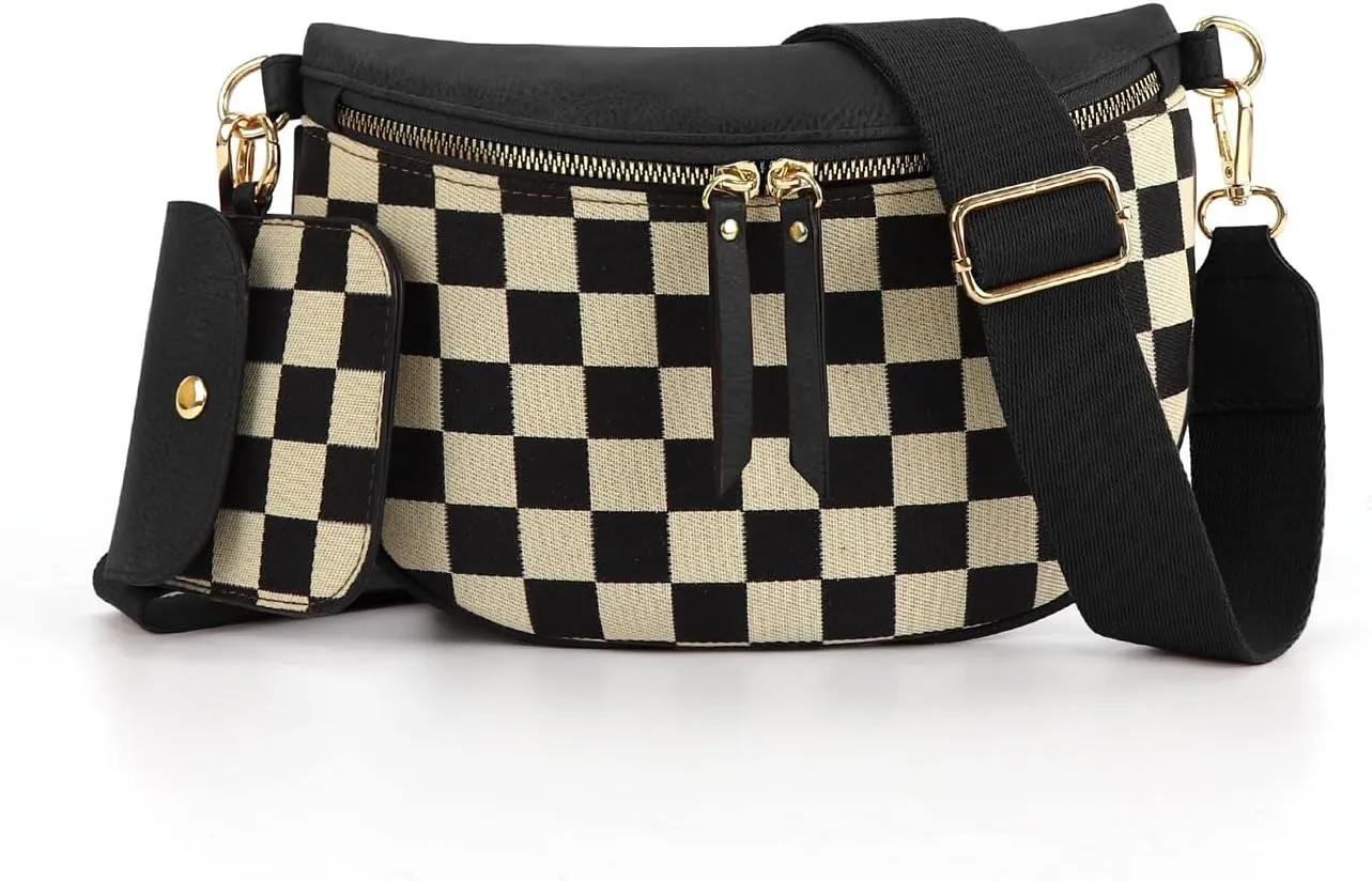 Fanny Packs for Women,Checkered Crossbody Bag Checkered Purse Black and White Bum Bags Checkerboard Belt Bag