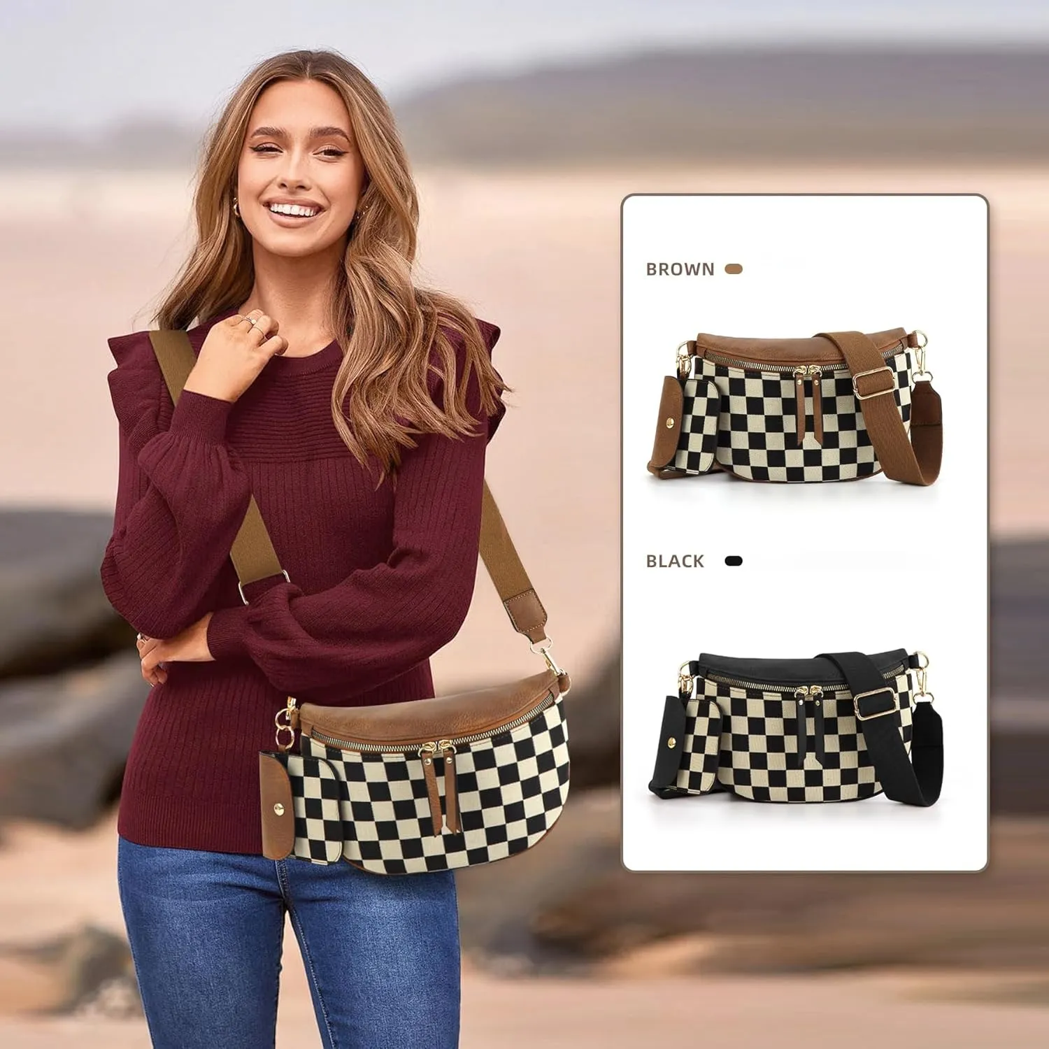 Fanny Packs for Women,Checkered Crossbody Bag Checkered Purse Black and White Bum Bags Checkerboard Belt Bag