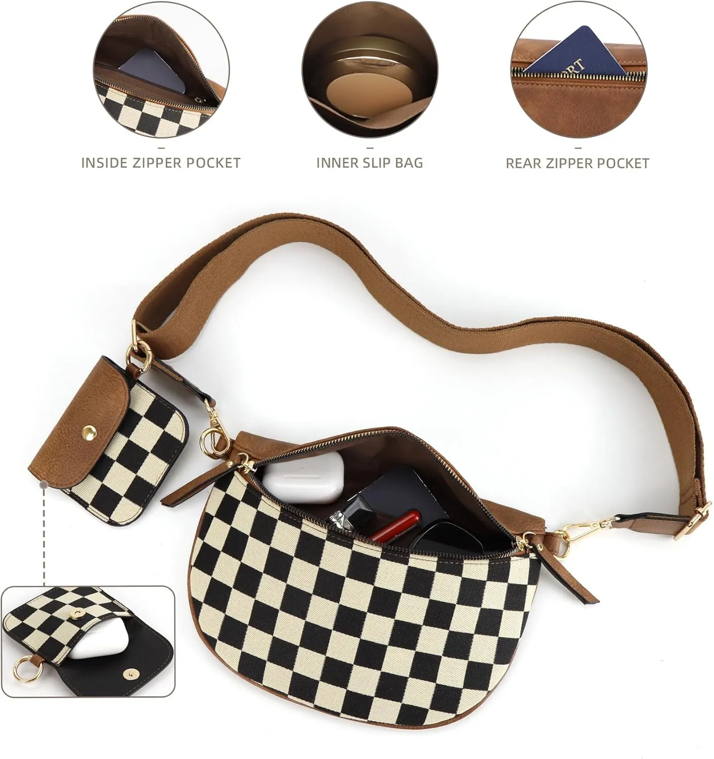 Fanny Packs for Women,Checkered Crossbody Bag Checkered Purse Black and White Bum Bags Checkerboard Belt Bag