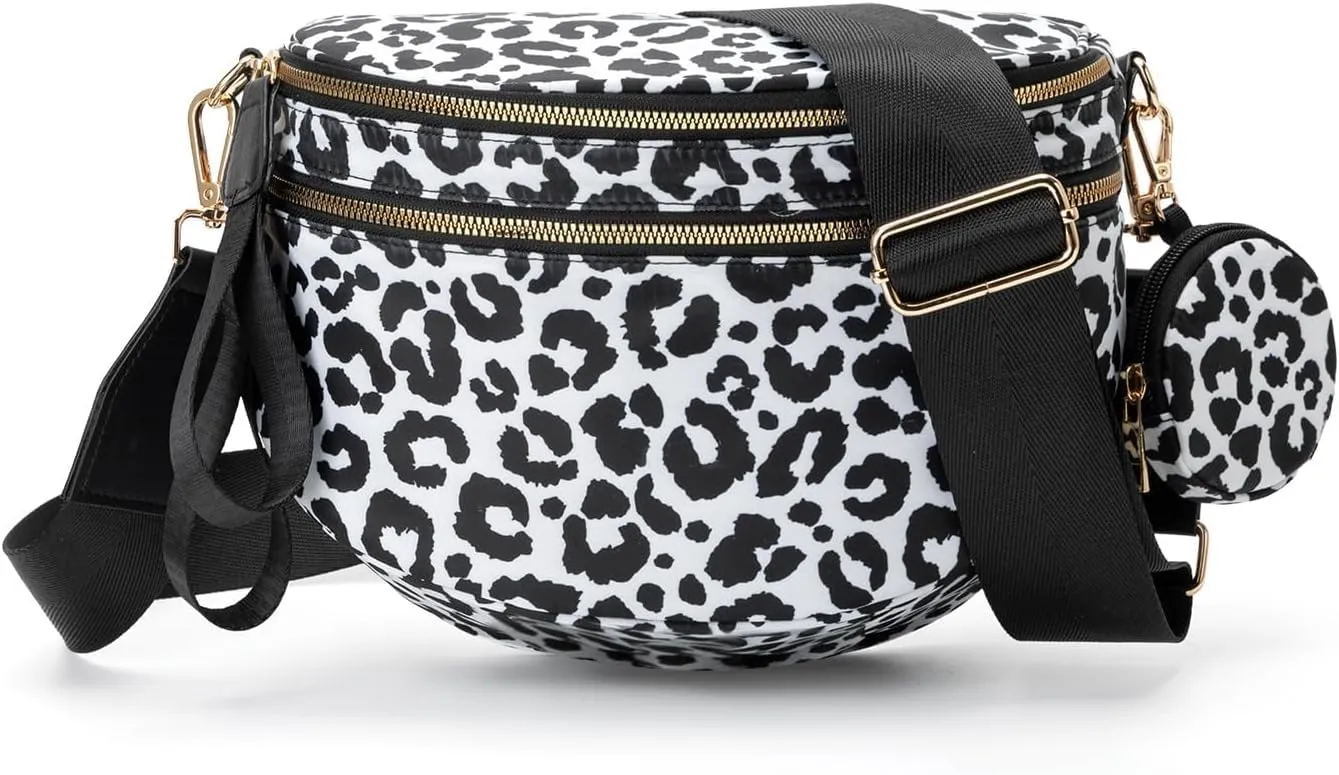 Fanny Packs for Women,Checkered Purse Checkered Bum Bags Nylon Crossbody Bag Leopard Clutch with Coin Purse (Leopard Black)