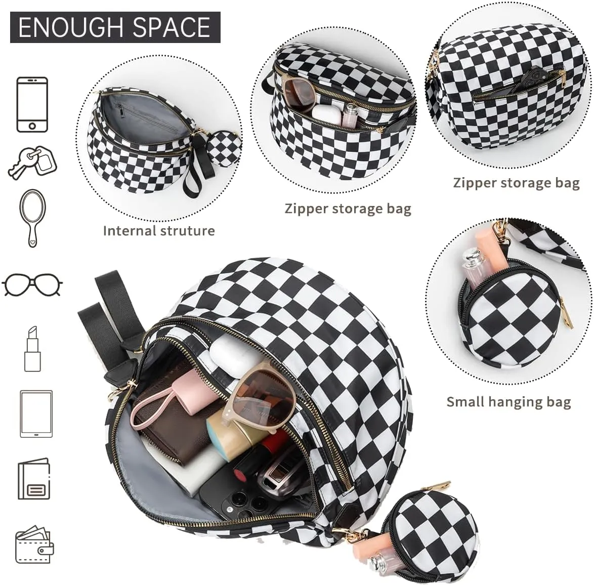Fanny Packs for Women,Checkered Purse Checkered Bum Bags Nylon Crossbody Bag Leopard Clutch with Coin Purse (Milk Black)