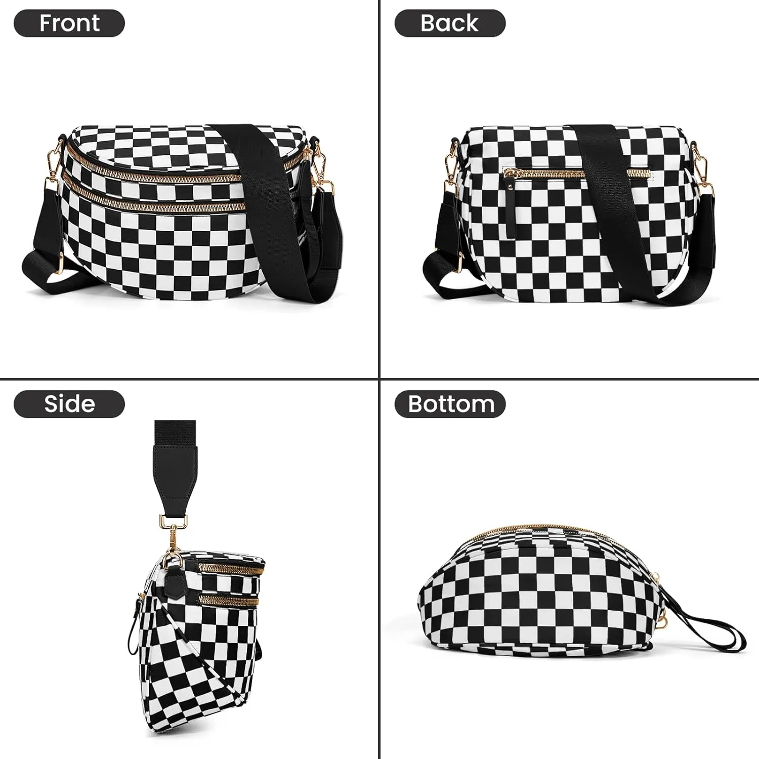 Fanny Packs for Women,Checkered Purse Checkered Bum Bags Nylon Crossbody Bag Leopard Clutch with Coin Purse (Milk Black)