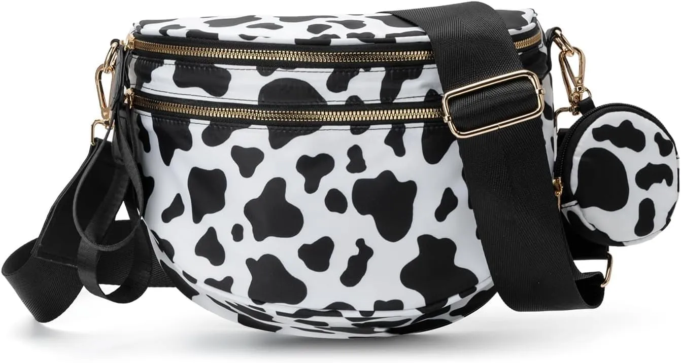 Fanny Packs for Women,Checkered Purse Checkered Bum Bags Nylon Crossbody Bag Leopard Clutch with Coin Purse (Milk Black)