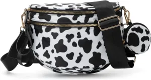 Fanny Packs for Women,Checkered Purse Checkered Bum Bags Nylon Crossbody Bag Leopard Clutch with Coin Purse (Milk Black)
