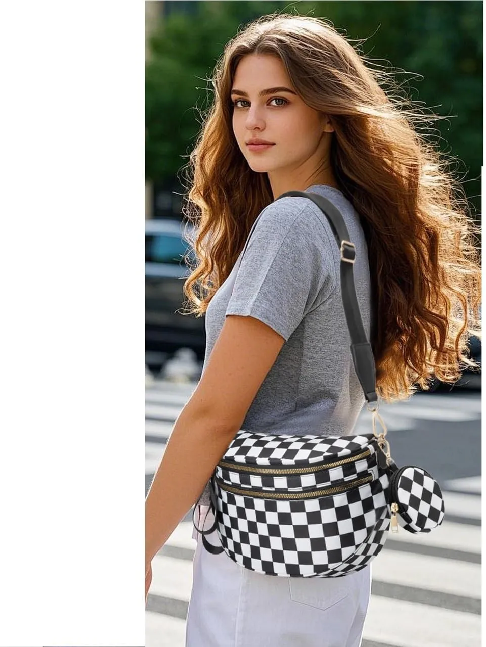 Fanny Packs for Women,Checkered Purse Checkered Bum Bags Nylon Crossbody Bag Leopard Clutch with Coin Purse (Milk Black)