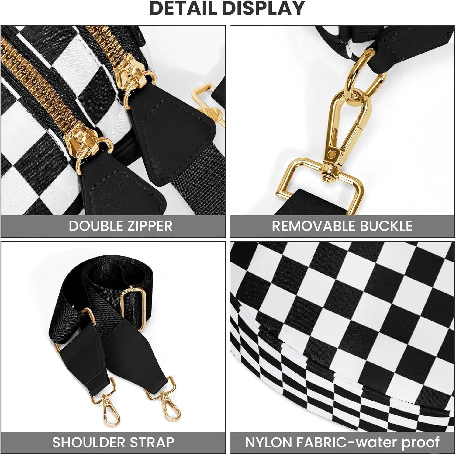 Fanny Packs for Women,Checkered Purse Checkered Bum Bags Nylon Crossbody Bag Leopard Clutch with Coin Purse (Milk Black)