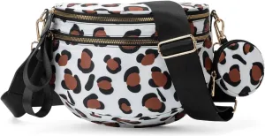 Fanny Packs for Women,Checkered Purse Checkered Bum Bags Nylon Crossbody Bag Leopard Clutch with Coin Purse (Milk Coffee)