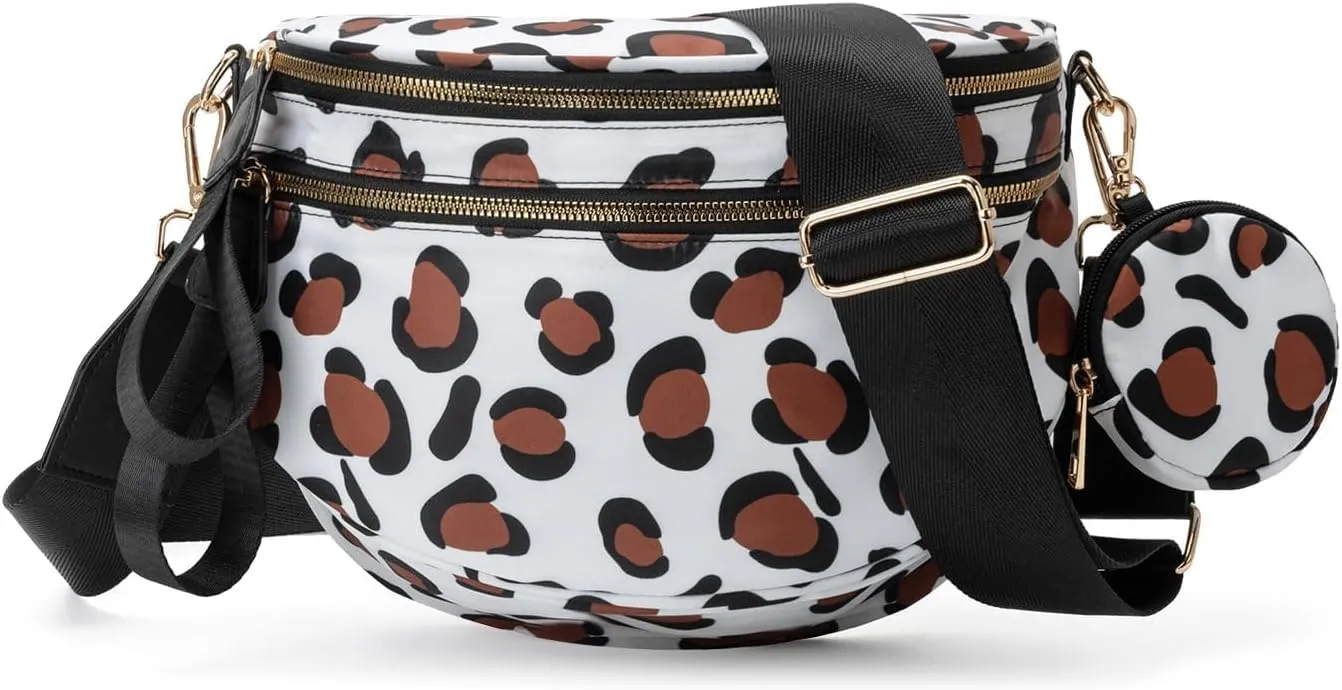 Fanny Packs for Women,Checkered Purse Checkered Bum Bags Nylon Crossbody Bag Leopard Clutch with Coin Purse (Milk Coffee)