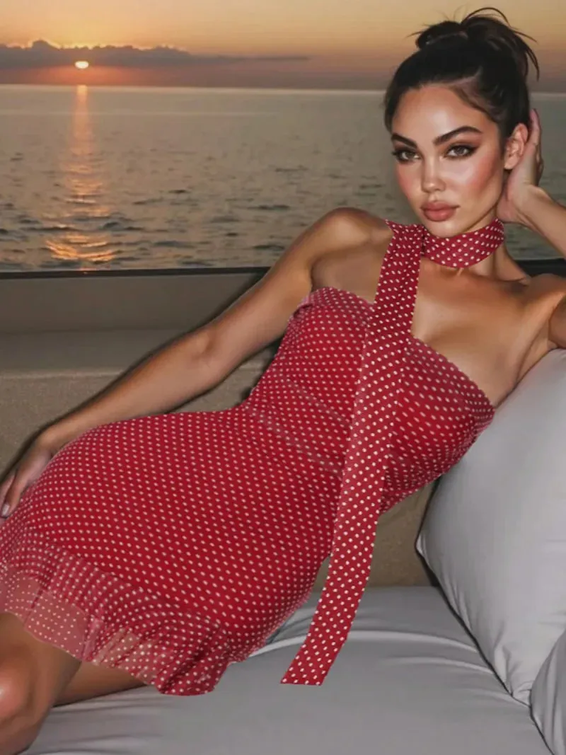 Fashion Polka Dot Wrap Dress for Women - Sleeveless Short Party Gown