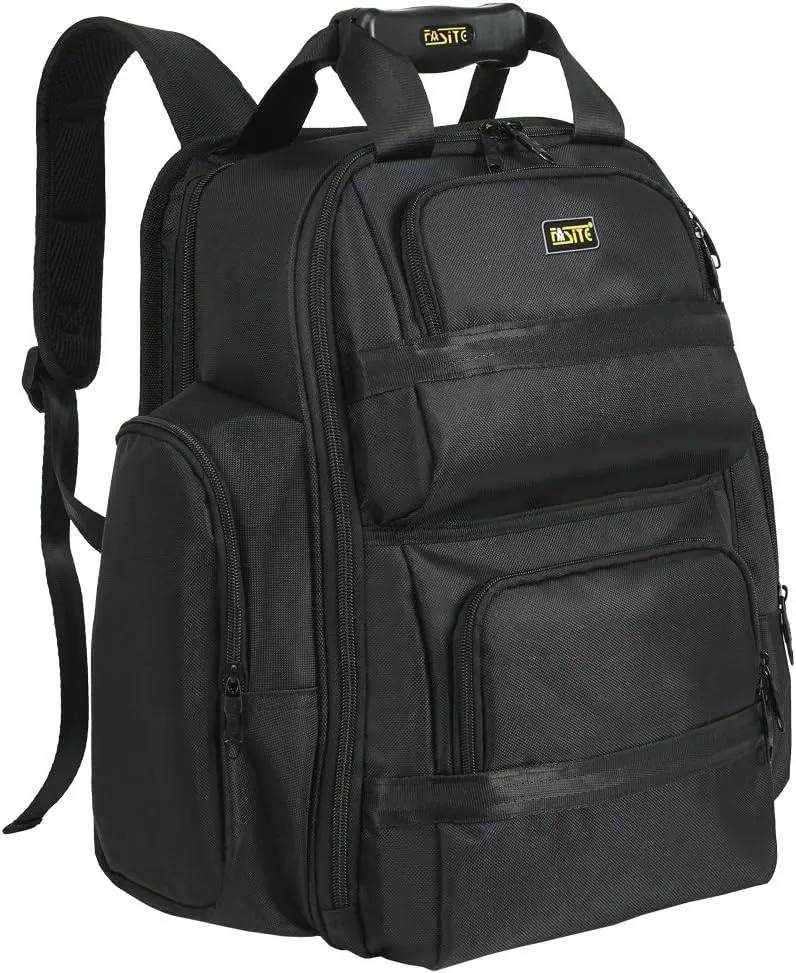 FASITE Tool Bag Backpack - Heavy Duty Professional Storage & Organizer for Contractor, Electrician, Plumber, HVAC, Large Front Flap Fit 13" -17" Laptops Notebook, Black
