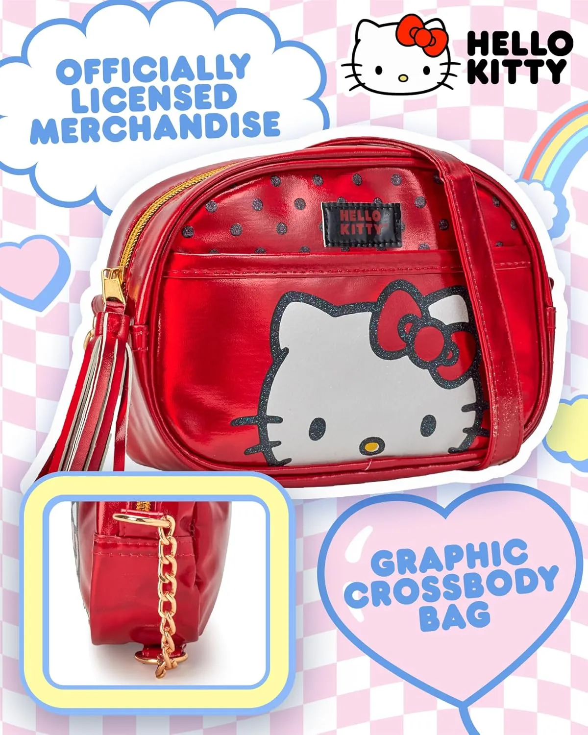Fast Forward Girls Purse - Hello Kitty, Minnie Mouse, Stitch, Descendants, and Bluey - Cute Girls Bag with Adjustable Strap, Size One Size, Hello Kitty