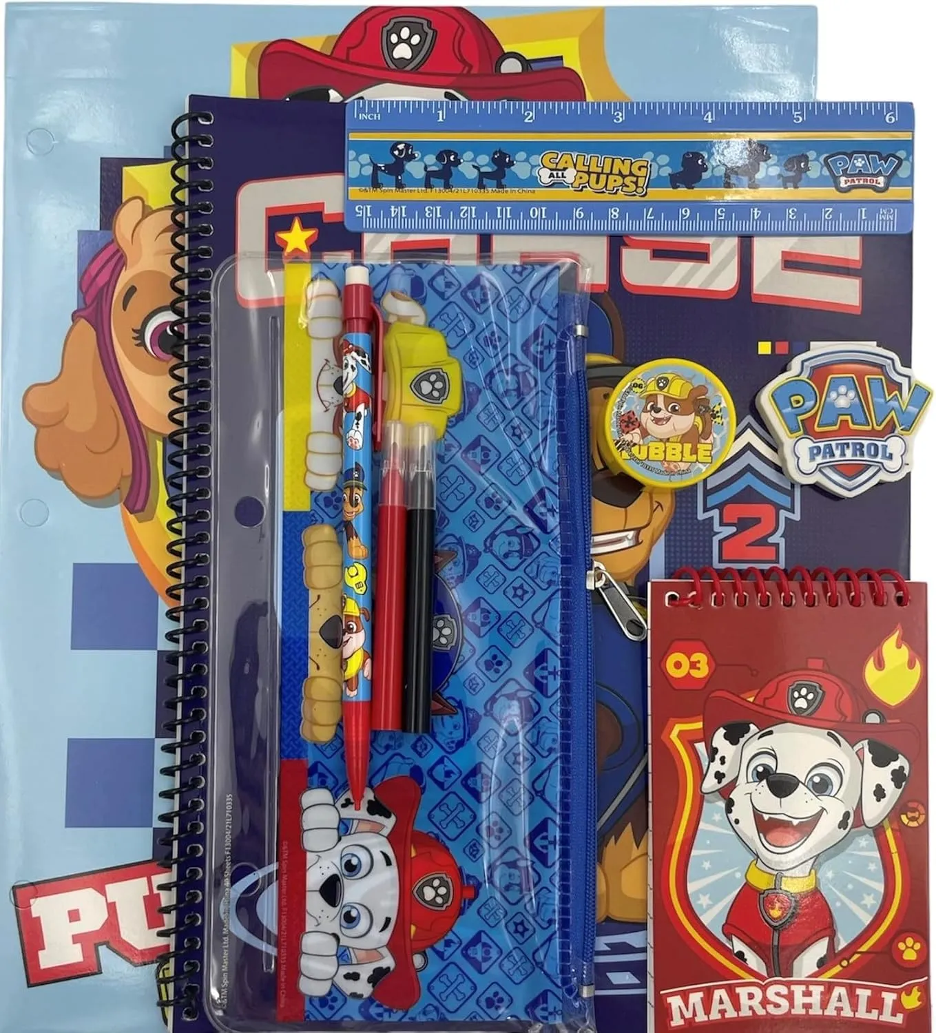Fast Forward Kid's Licensed 16" Backpack with Lunch Box Set - 13 Piece Bundle with Variety School Supplies Including Pencil Case, Notebook, Folders and More (Paw patrol-Blue)